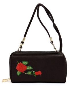 Embroidered Flower Double Zip Around Crossbody Wallet AD040E BROWN